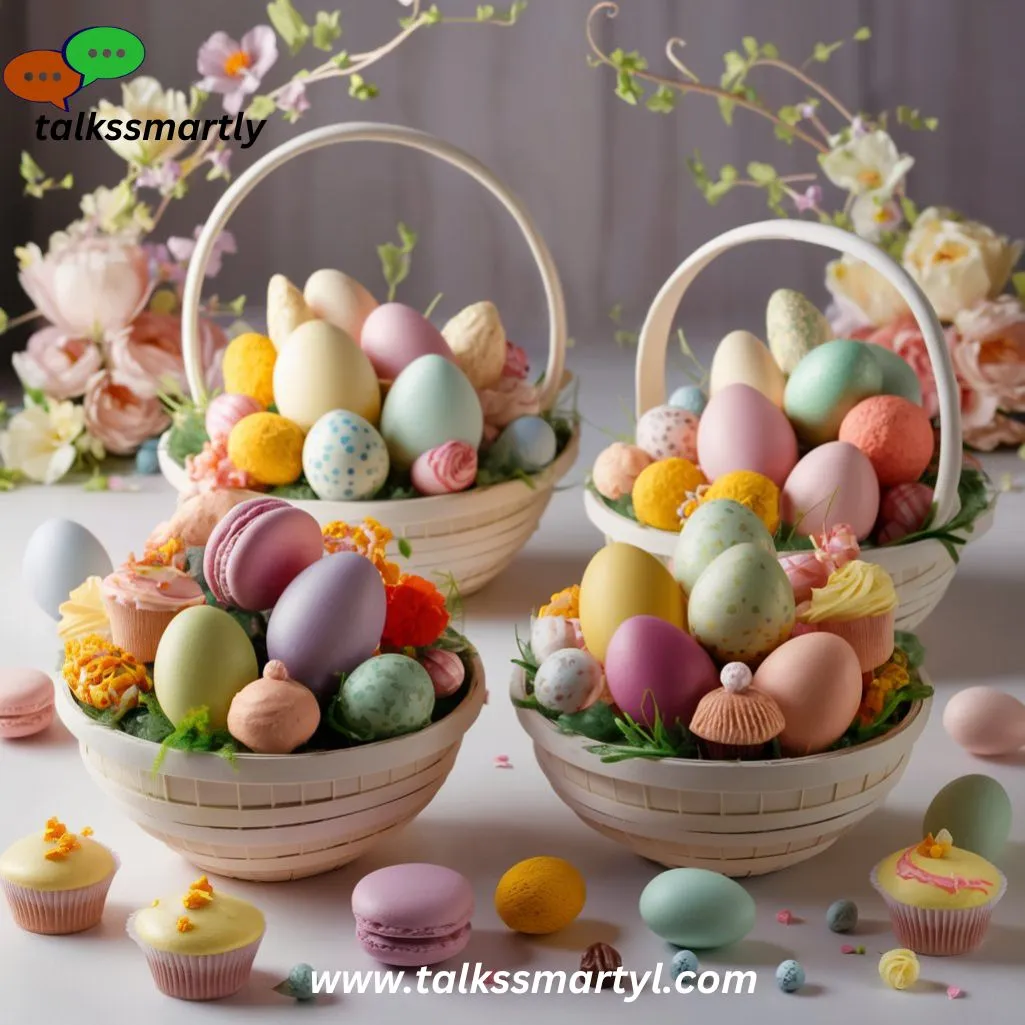  baskets filled with colorful eggs and sweet treats