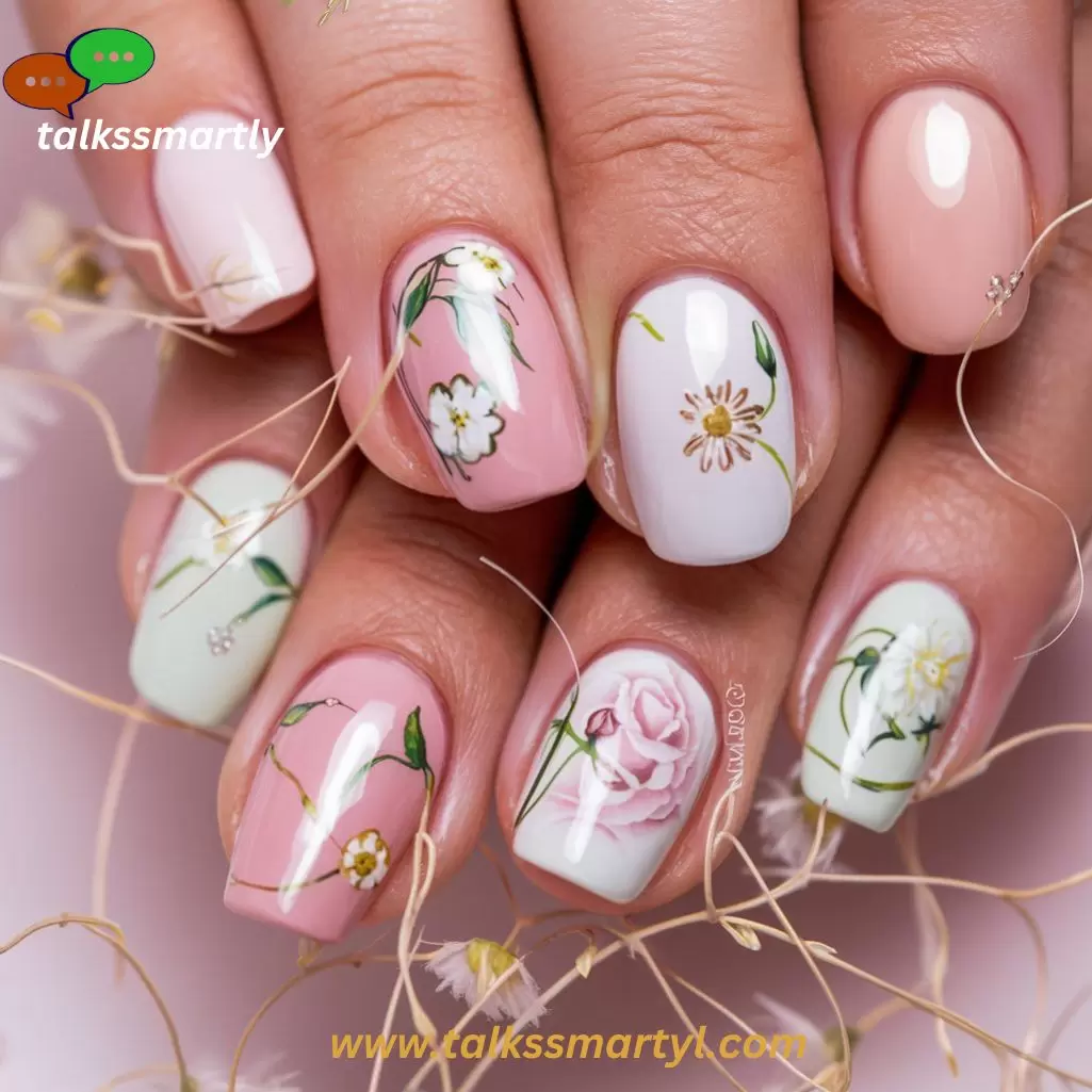 Each nail is adorned with intricate flower designs