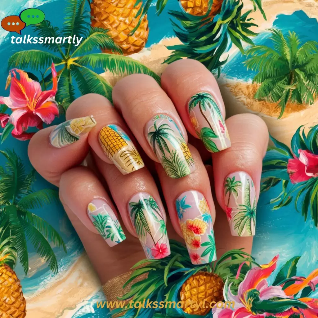 Featuring palm trees, pineapples, and tropical flowers