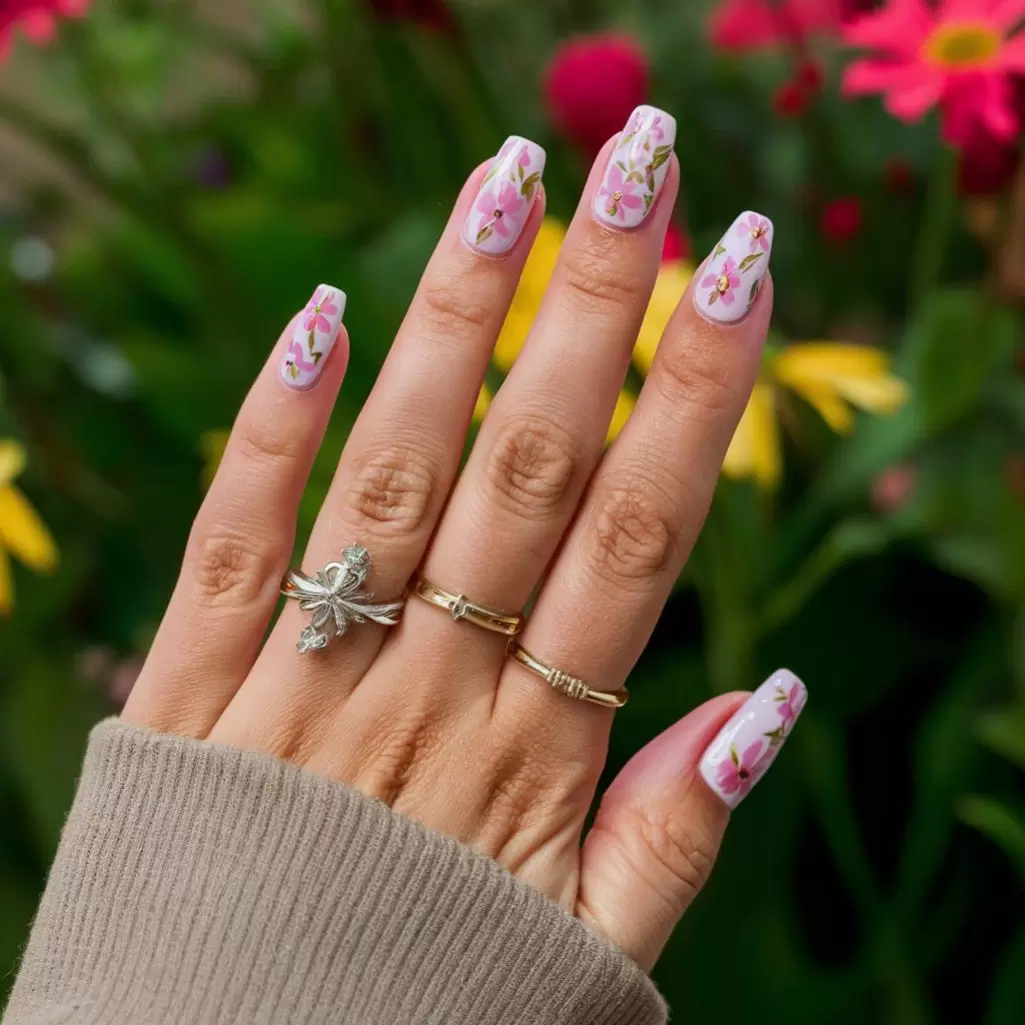 Floral patterns are a perennial favorite for spring nails